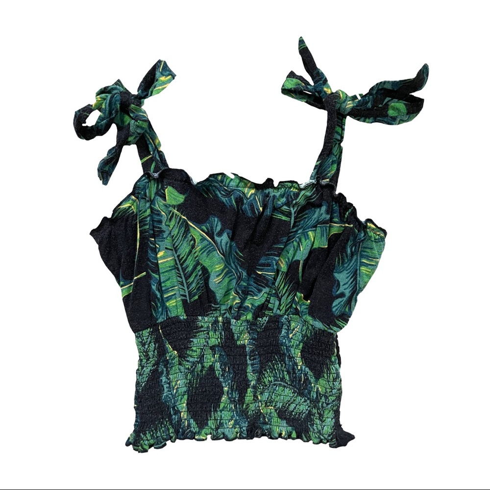 guess : dark green palm leaf print fitted tank